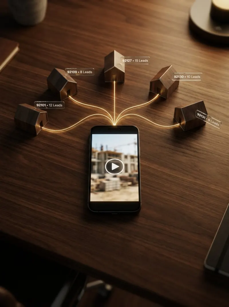 One phone with an ad on it, feeding leads to five different houses at once