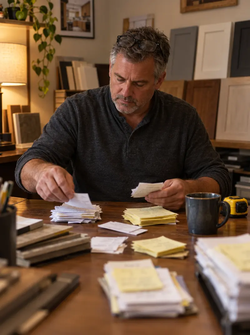 A remodeling company owner at his showroom desk in the evening, sorting a pile of paper lead slips and sticky notes into stacks