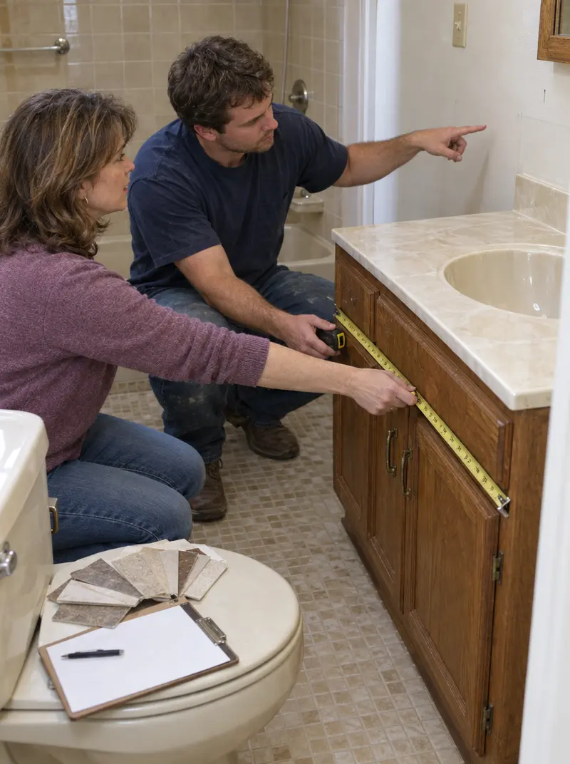 A homeowner and a bathroom remodeler kneeling beside an old oak vanity, measuring its width with a tape measure, tile samples and a clipboard on the toilet lid