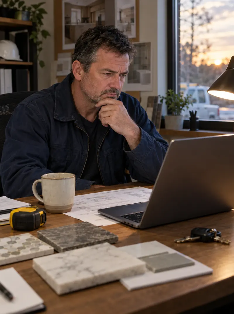 A remodeling company owner at his desk at dusk, reading a marketing proposal on a laptop beside tile and stone samples