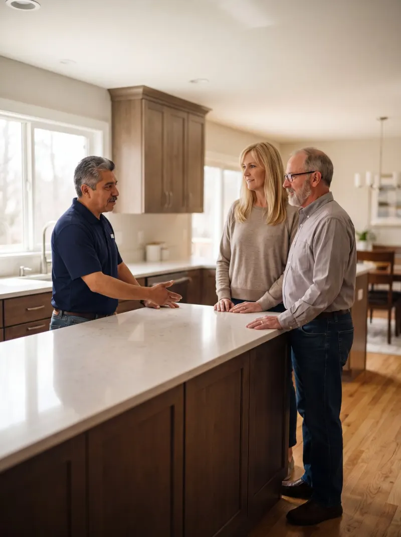 A contractor walking a homeowner couple through their kitchen at a booked, confirmed appointment