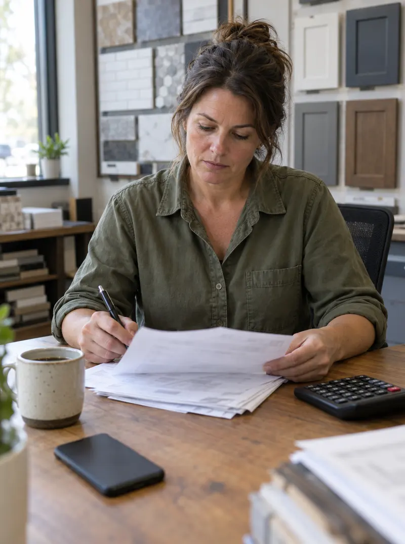 A remodeling company owner at her showroom desk, going through a stack of invoices with a pen and a calculator