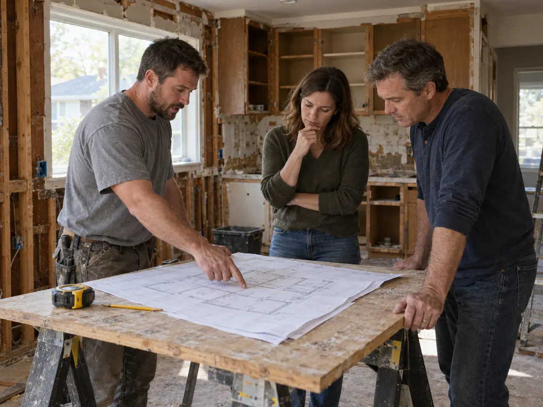 A remodeling contractor pointing at floor plans on a sawhorse table while a homeowner couple looks on in their half-demolished kitchen