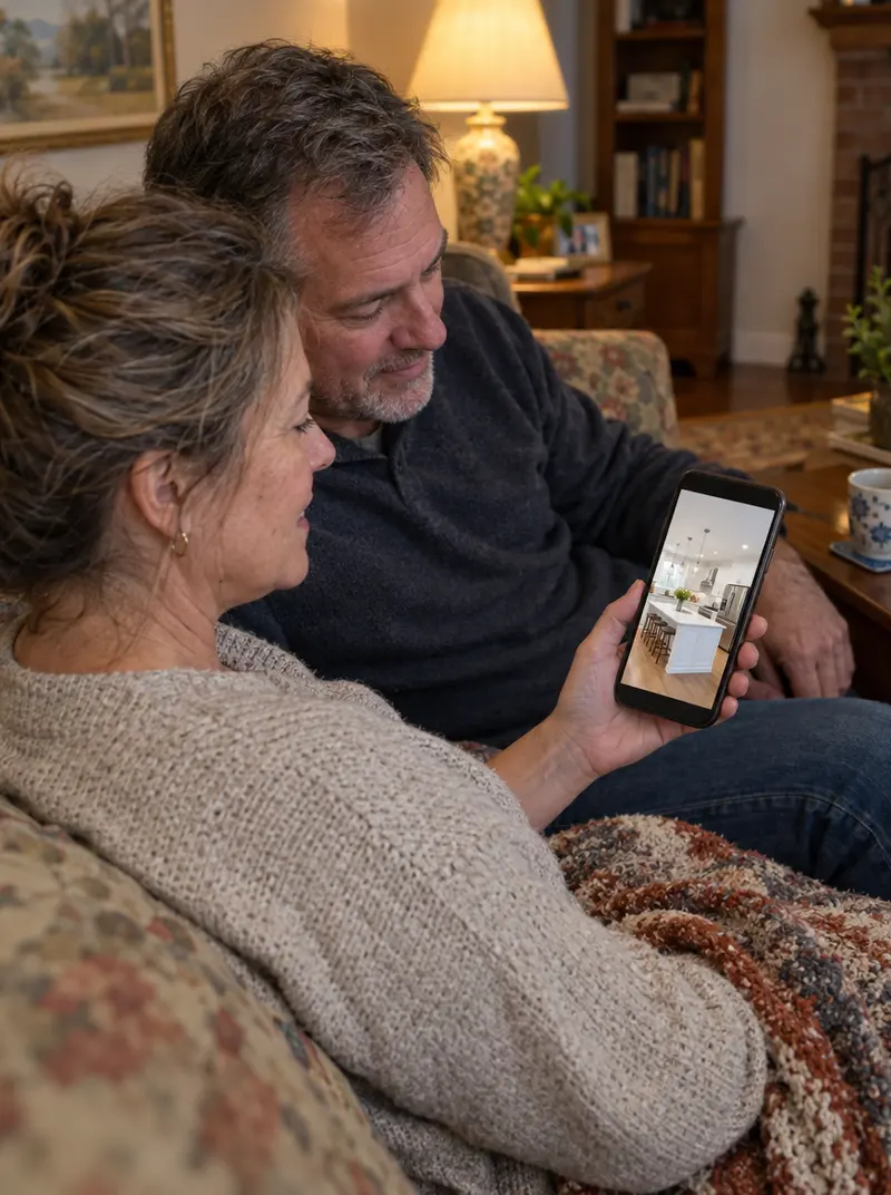 A homeowner couple on their sofa in the evening, looking at a photo of a remodeled kitchen on her phone