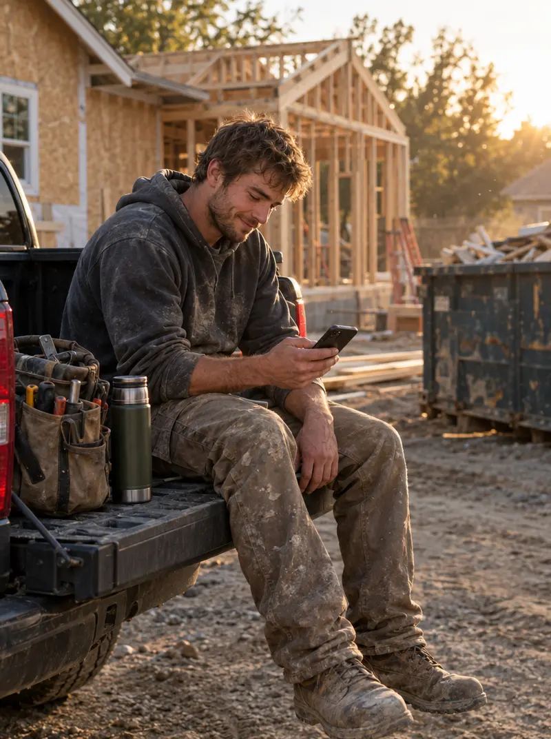 A young remodeling contractor sitting on the open tailgate of his work truck at a job site at golden hour, reading a lead on his phone, a tool bag and a thermos beside him