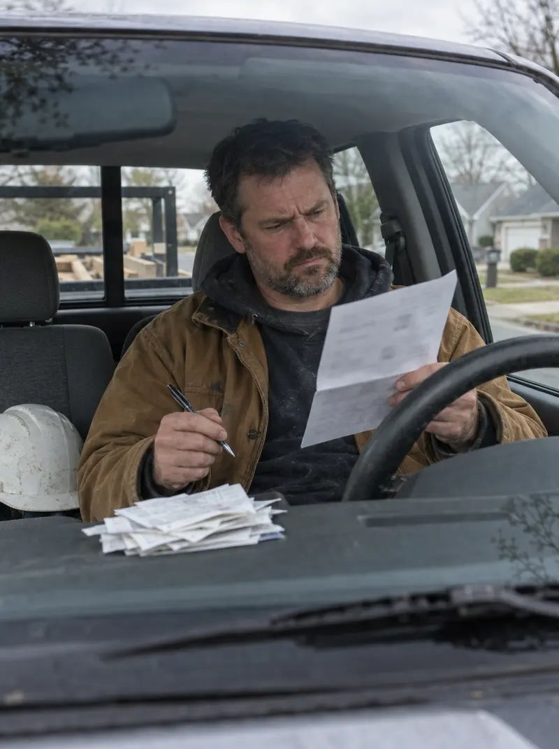 A remodeling contractor in the driver's seat of his pickup, frowning at a paper bill with a pen in hand and receipts on the dashboard